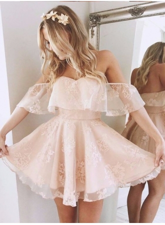 Party Sexy Off-Shoulder Short Lace Peach Cocktail Dresses_Cocktail Dresses_Special Occasion Dresses_High Quality Wedding Dresses, Prom Dresses, Evening Dresses, Bridesmaid Dresses, Homecoming Dress - 