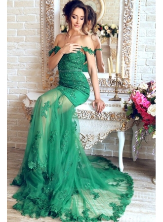 sheer-skirt mermaid green lace evening dress.---www.27dress.com