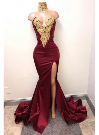 burgundy 2-17 gold appliques split prom dress--www.27dress.com