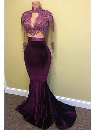 $149--Grape Velvet long sleeve lace prom dress--27dress.com