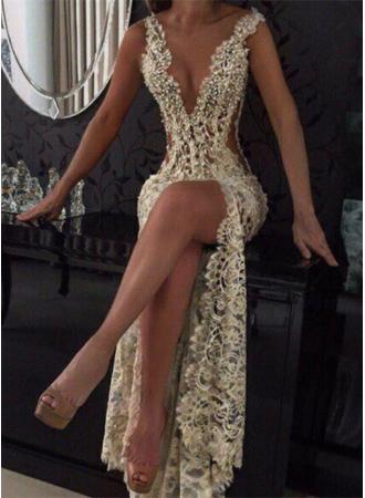 Sexy V-Neck Sleeveless 2017 Prom Dresses Lace Slit ---www.27dress.com