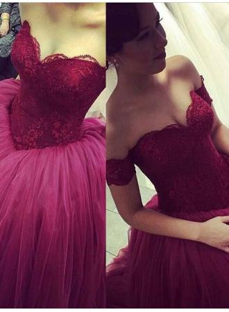 Burgundy Tulle Lace Prom Dress--www.27dress.com