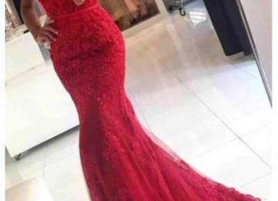 2017 Appliques Red Lace Mermaid Evening Dress----WWW.27DRESS.COM