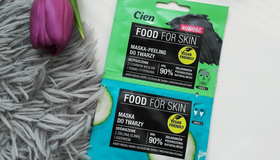 Cien - Food For Skin, Maska-peeling do twarzy, Oczyszczenie z czarnym węglem i trawą cytrynową, Odświeżenie z zielną glinką i ogórkiem, Każdy rodzaj skóry, Szczególnie skóra z niedoskonałościami.