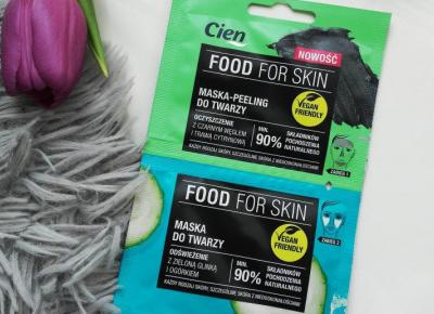 Cien - Food For Skin, Maska-peeling do twarzy, Oczyszczenie z czarnym węglem i trawą cytrynową, Odświeżenie z zielną glinką i ogórkiem, Każdy rodzaj skóry, Szczególnie skóra z niedoskonałościami.