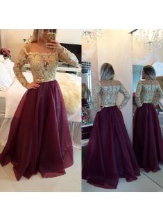 2017 Long Sleeves Prom Dresses Gold Illusion Lace Beaded Burgundy A-line Gorgeous Evening Gowns_Prom Dresses 2017_Prom Dresses_Special Occasion Dresses_Buy High Quality Dresses from Dress Factory - Ba