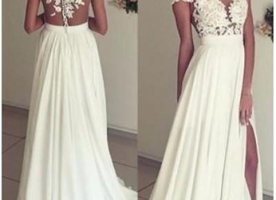 2017 Summer Chiffon Wedding Dresses Lace Top Short Sleeves Side Slit Garden Elegant Bridal Gowns_New A-Line Wedding Dress_A-Line Wedding Dresses_Wedding Dresses_Buy High Quality Dresses from Dress Fac