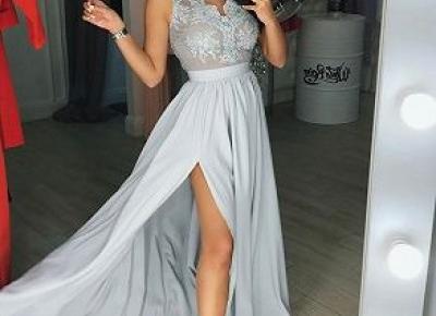 Silber Abendkleider Lang Chiffon | Spitze Abendkleid Gunstig BA7502 | www.babyonlinewholesale.com