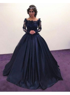 Elegante Navy Blau Abendkleider Lang Günstig Mit Ärmel Prinzessin Spitze Abendmoden