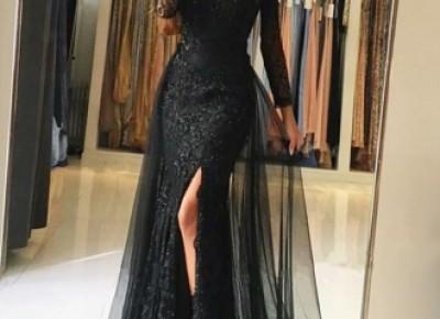 Fashion Abendkleid Mit Ärmel | Schwarze Abendkleider Lang Spitze_Abendkleider_Kleider für Besondere Anlässe_Brautkleider,Abiballkleider,Abendkleider