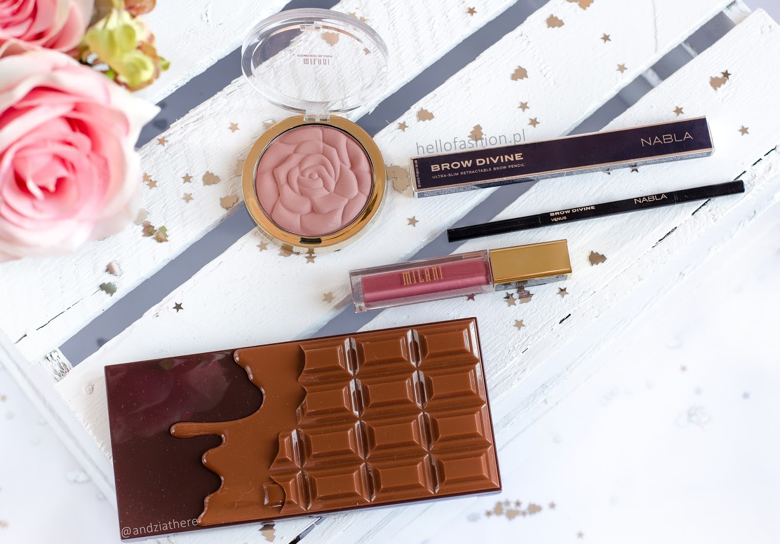 PIERWSZE WRAŻENIE: I heart chocolate salted caramel, nabla brow divine, Milani Rose Powder Blush, Pomadka Milani Amore Matte |  | HELLO FASHION