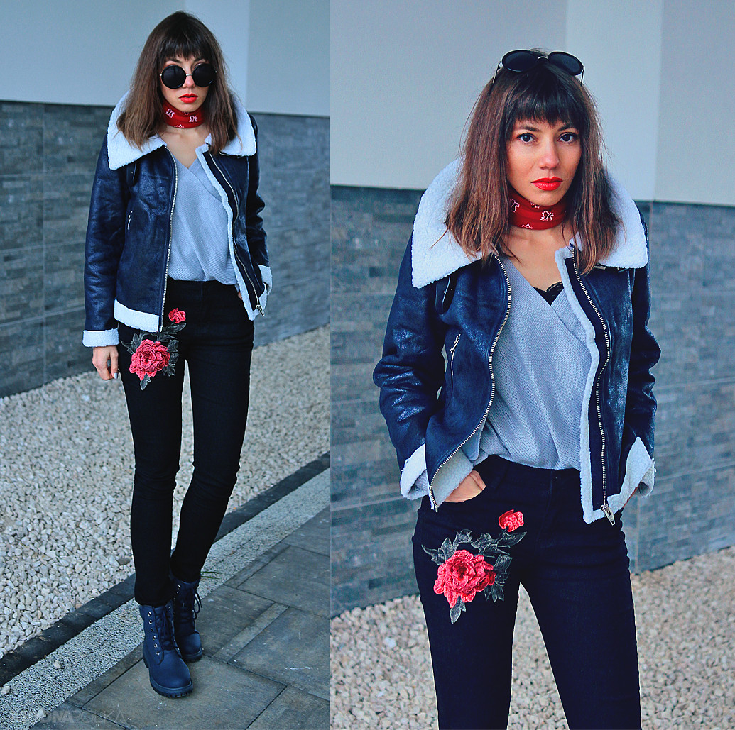 Jointy&Croissanty: navy shearling jacket and embroidered jeans