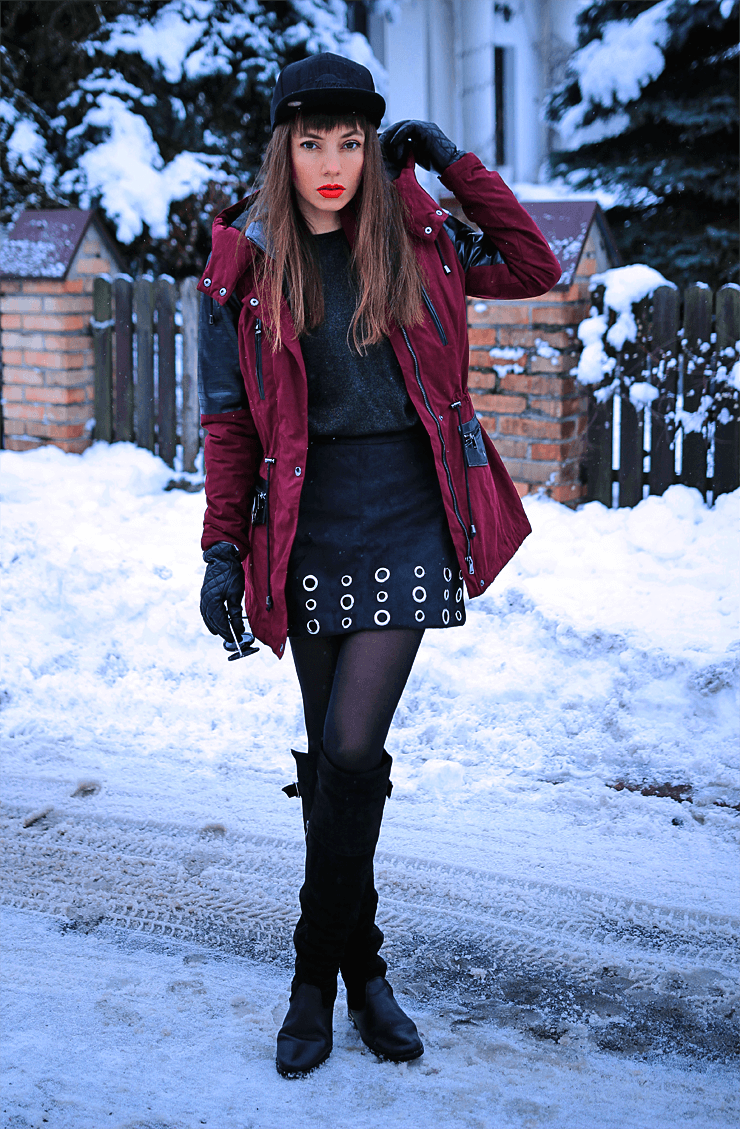 Jointy&Croissanty: Burgundy winter parka and skirt with eyelets