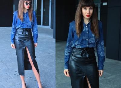 Jointy&Croissanty;: paisley denim shirt and leather midi skirt