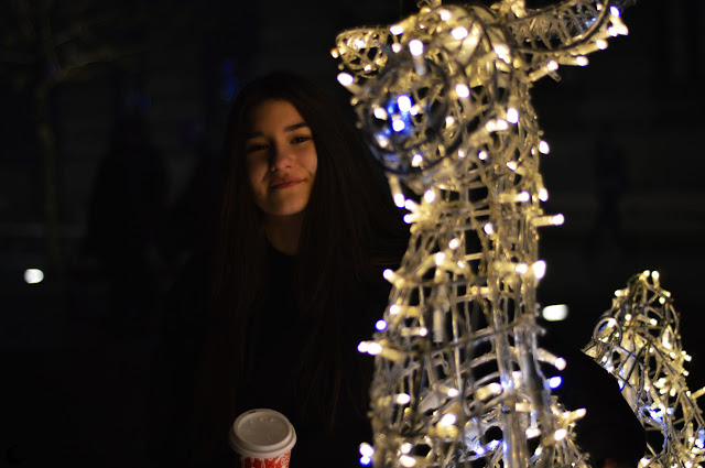 Christmas lights light up the street