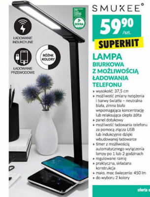 Lampa biurkowa z możliwością ładowania telefonu Smukee z Biedronki