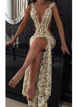 2017 Sexy Lace Evening Gowns Deep V Neck Beaded Thigh-High Slit Sheer Pageant Dresses_Prom Dresses 2017_Prom Dresses_Special Occasion Dresses_Buy High Quality Dresses from Dress Factory - Babyonlinedr