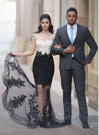 Lace-Appliques Sheer Mermaid Long-Sleeves Beading White-Black Prom Dresses_Prom Dresses_Special Occasion Dresses_Buy High Quality Dresses from Dress Factory - Babyonlinedress.com