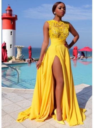 2017 Yellow Chiffon Prom Dresses Thigh-High Slit Sexy Summer Evening Gowns_Prom Dresses 2017_Prom Dresses_Special Occasion Dresses_Buy High Quality Dresses from Dress Factory - Babyonlinedress.com