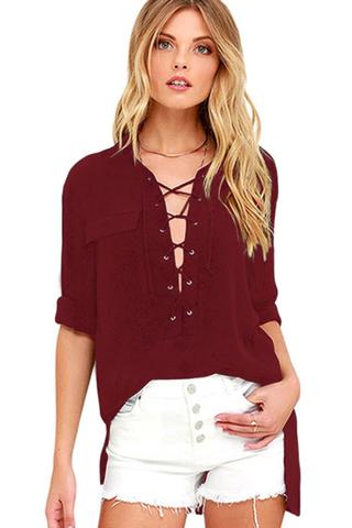   Chicloth Burgundy Long Sleeve Lace-up Top  