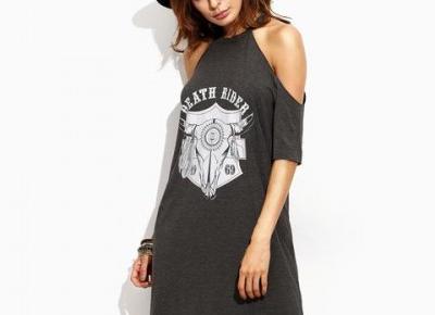   Chicloth Bare Shoulder Printed T-shirt Dress  