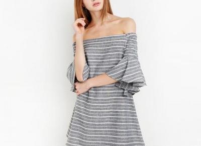   Chicloth Off the shoulder Gray Striped Dress  