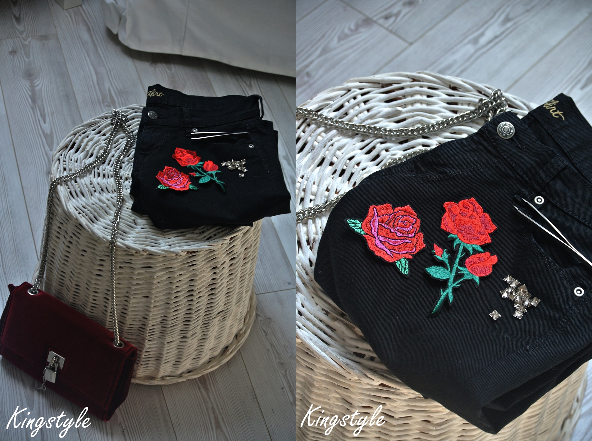 87á¦. Black Shorts With Vintage Red Roses Stripes 