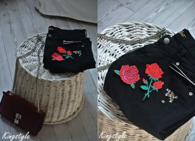 87á¦. Black Shorts With Vintage Red Roses Stripes 