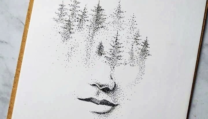 Face & forest dotwork art.