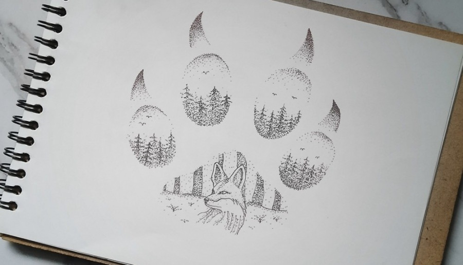 Forest foxy dotwork art