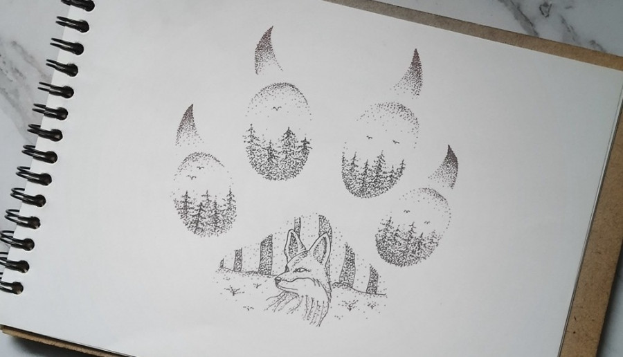 Forest foxy dotwork art