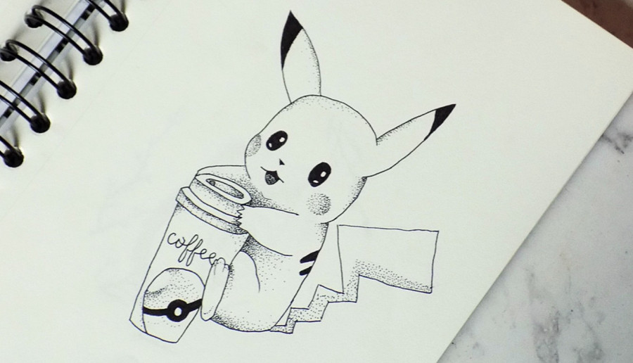 Pikachu z kawą - dotwork