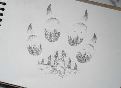 Forest foxy dotwork art