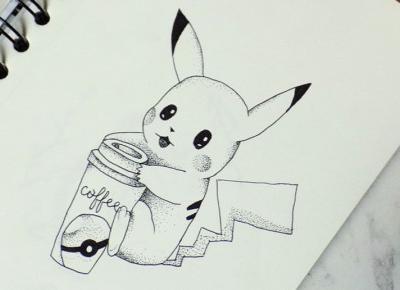 Pikachu z kawą - dotwork