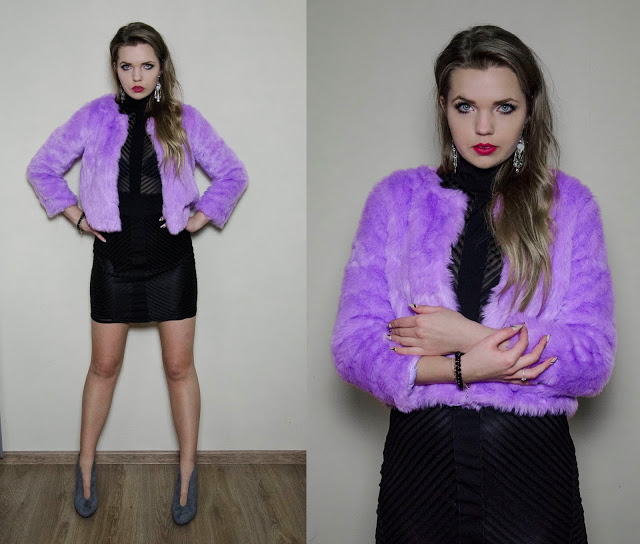 The world is my runway.: Fur jacket & black dress