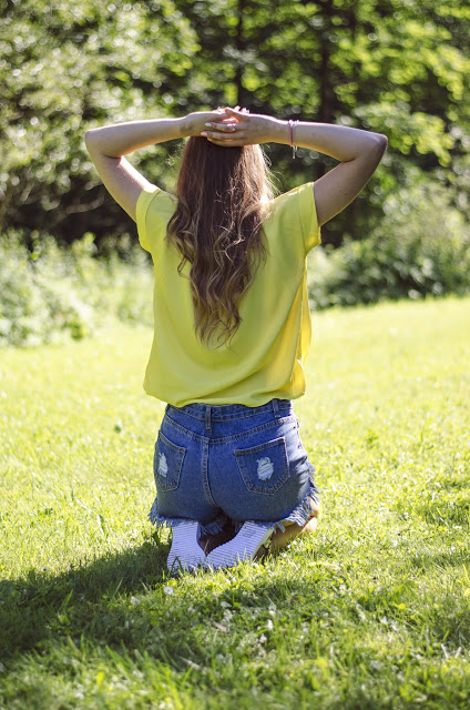 The world is my runway.: Yellow blouse & high waist shorts
