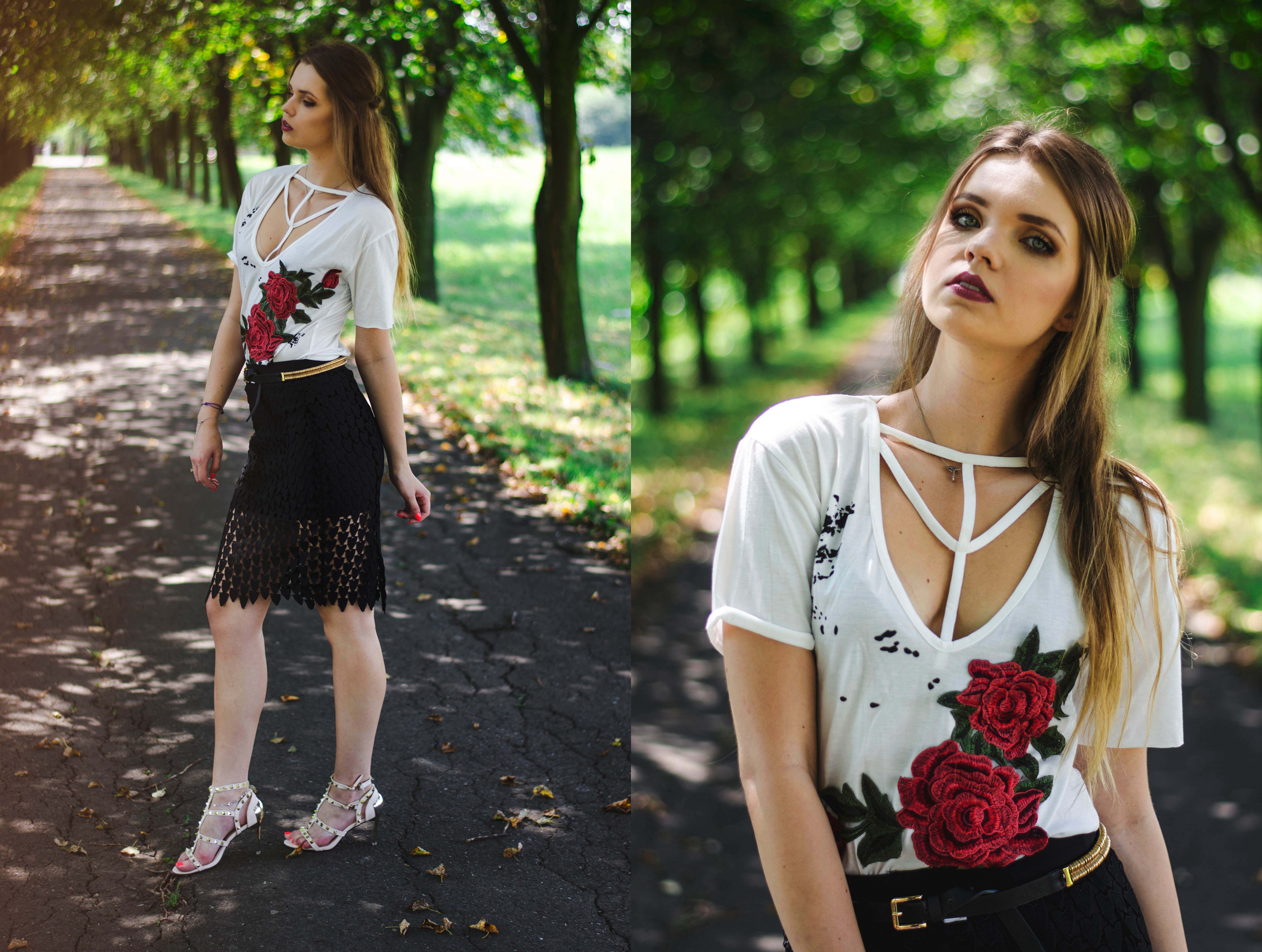 The world is my runway.: Floral t-shirt & Lace Cut Out Sheath Skirt (Zaful)