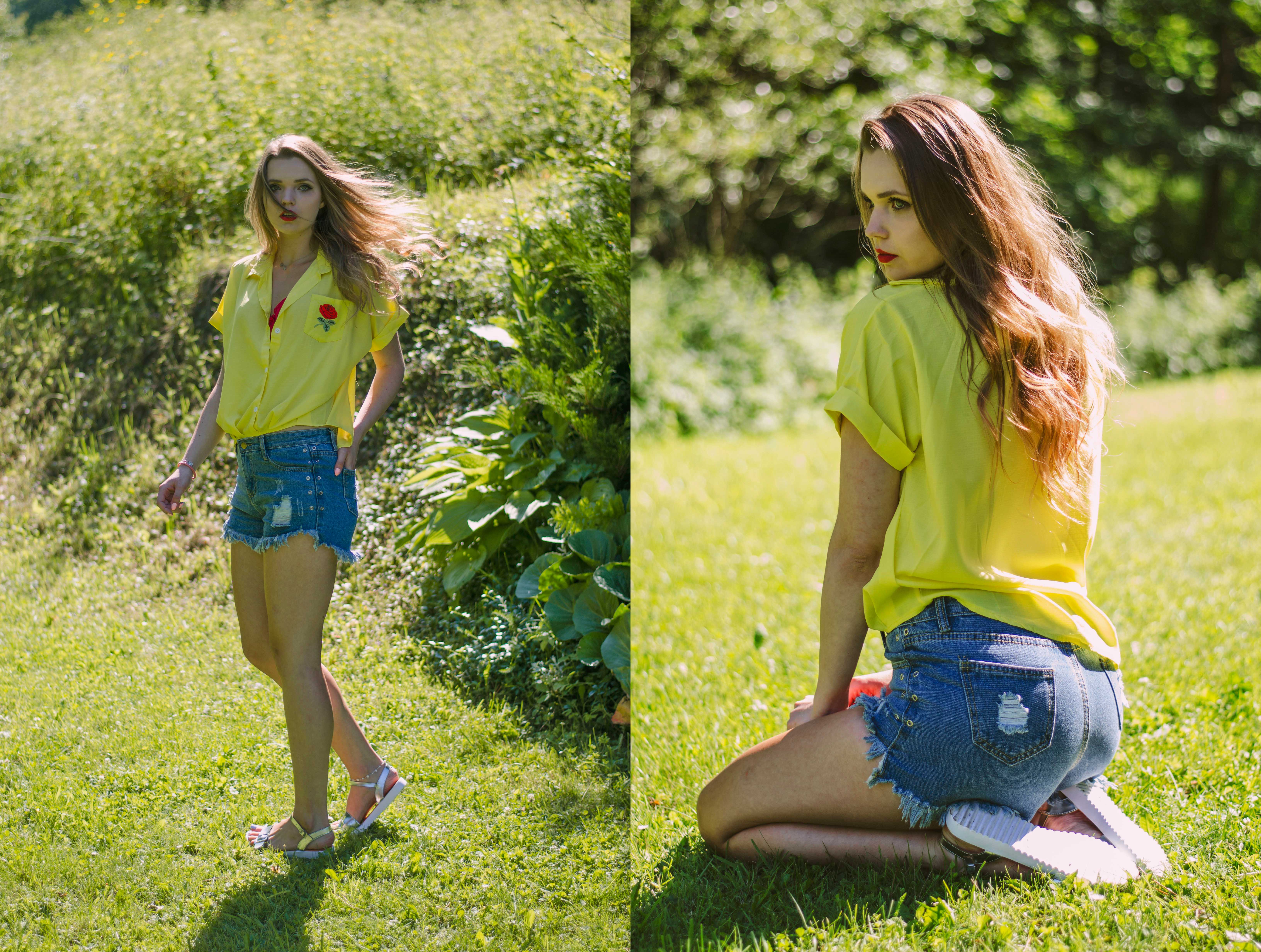 The world is my runway.: Yellow blouse & high waist shorts