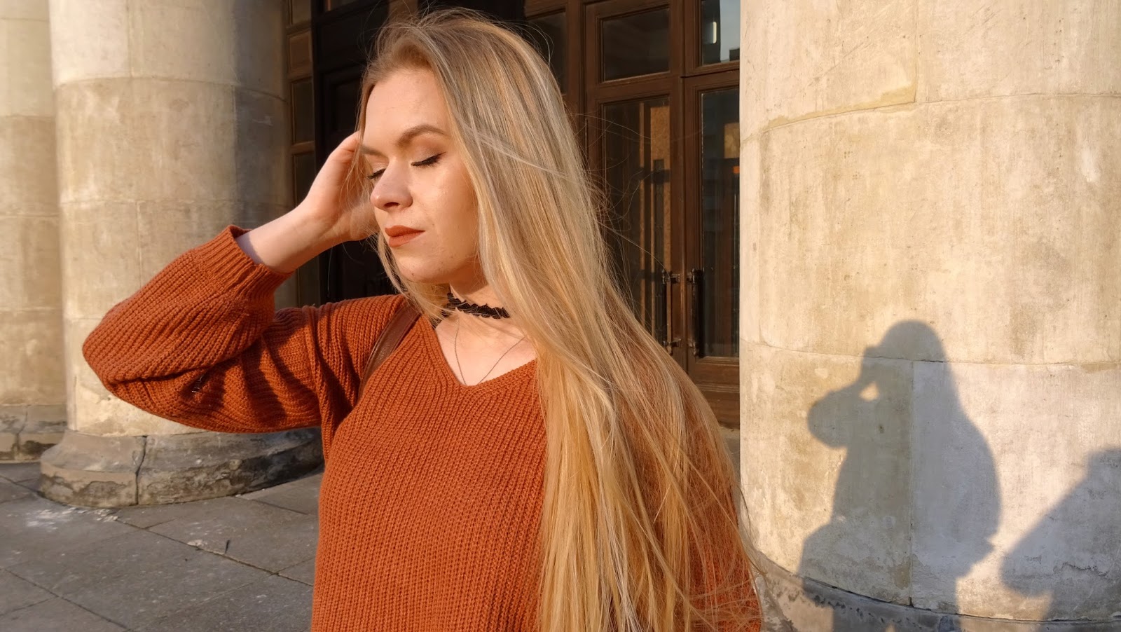 Orange sweater, lace choker & bra | Emilia Miller