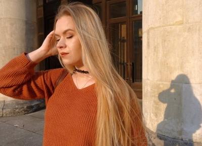 Orange sweater, lace choker & bra | Emilia Miller