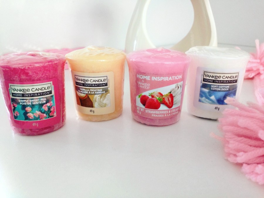 pastelowyblog.pl: Yankee Candle, Home Inspirations, samplery - simply sweet pea, vanilla frosting, strawberry & cream, soft cotton