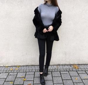 W: Grey turtleneck 