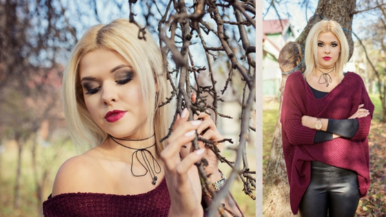 Jesienna stylizacja z burgund swetrem oversize 