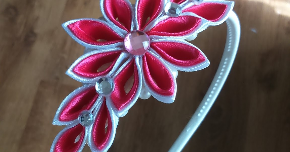 Uszyj to - rękodzieło DIY handmade: Opaska kanzashi z różowo-białym kwiatem