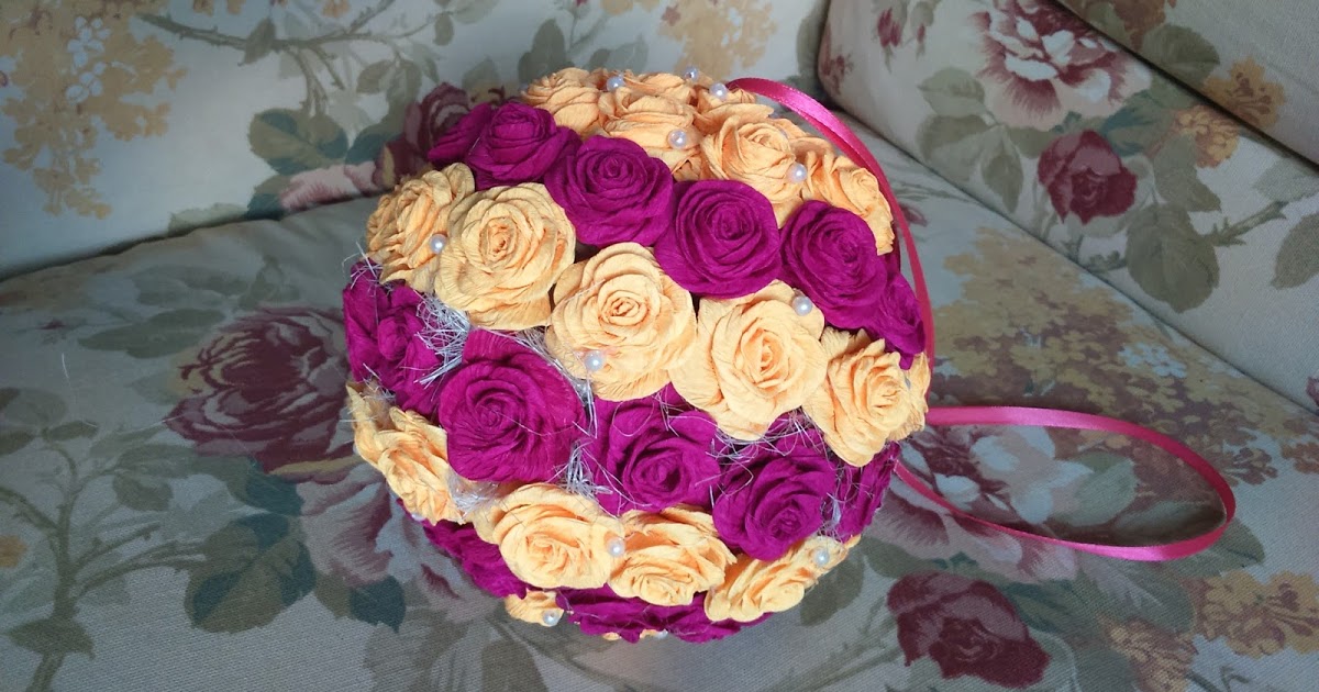 Uszyj to - rękodzieło DIY handmade: Kula z różami z crepy włoskiej (krepy, krepiny, bibuły), różana kula fioletowo pomarańczowa