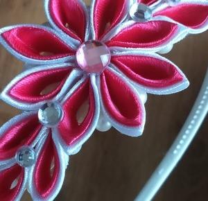 Uszyj to - rękodzieło DIY handmade: Opaska kanzashi z różowo-białym kwiatem